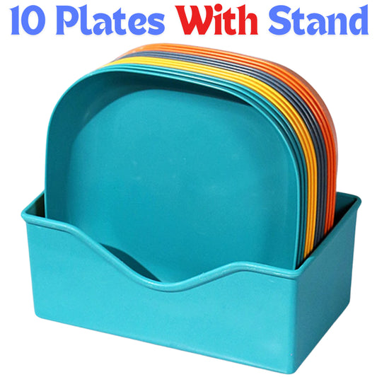 10 Plastic Plates Set with Free Plates Holder Small Size | Premium Pastel Plates with Stand for Snacks & Desserts
