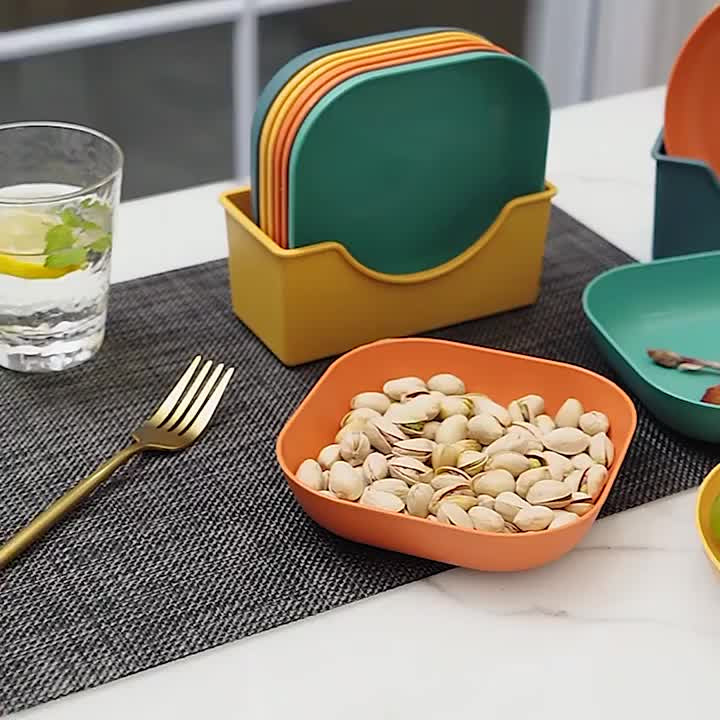 10 Plastic Plates Set with Free Plates Holder Small Size | Premium Pastel Plates with Stand for Snacks & Desserts