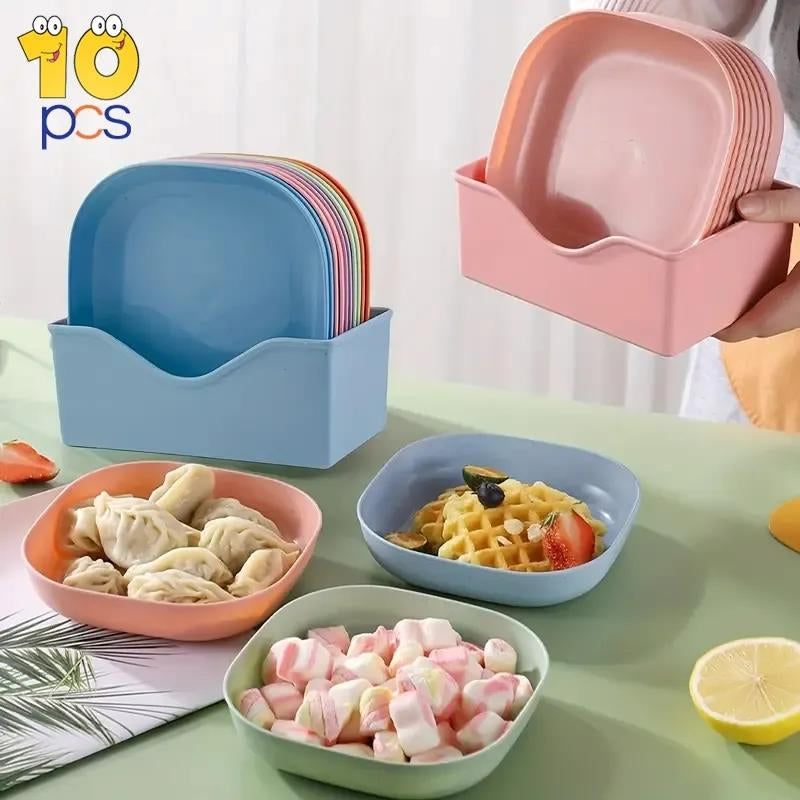 10 Plastic Plates Set with Free Plates Holder Small Size | Premium Pastel Plates with Stand for Snacks & Desserts