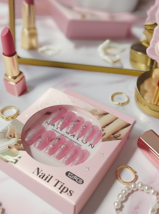 Luxury Pink Nail Tips Set – 12 PCS False Nails with Glitter & Rhinestone Design