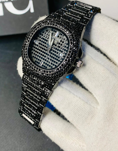 NEW Watch Collection Black Stone / Blacked Iced Out Stain-Less Steel Chain Watch For Mens Fashion