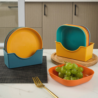 10 Plastic Plates Set with Free Plates Holder Small Size | Premium Pastel Plates with Stand for Snacks & Desserts